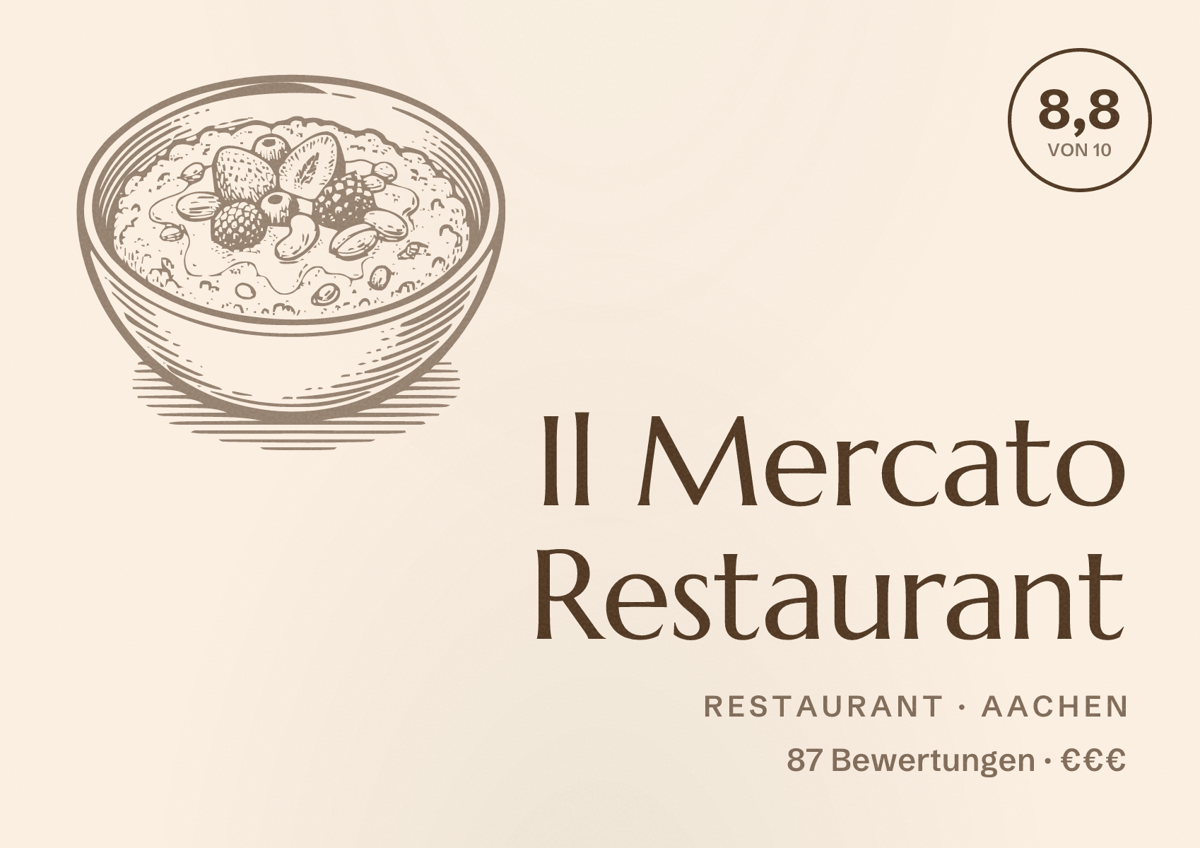 Illustriertes Poster von Il Mercato Restaurant, Restaurant in Aachen: Bewertung 8,8 von 10 aus 87 Bewertungen, Preisniveau €€€