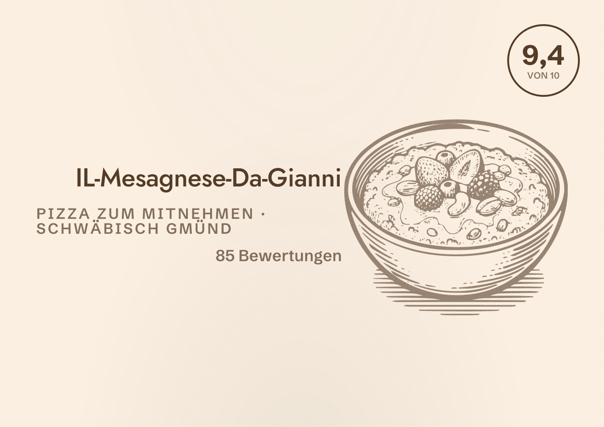 Illustriertes Poster von IL-Mesagnese-Da-Gianni, Pizza zum Mitnehmen in Schwäbisch Gmünd: Bewertung 9,4 von 10 aus 85 Bewertungen