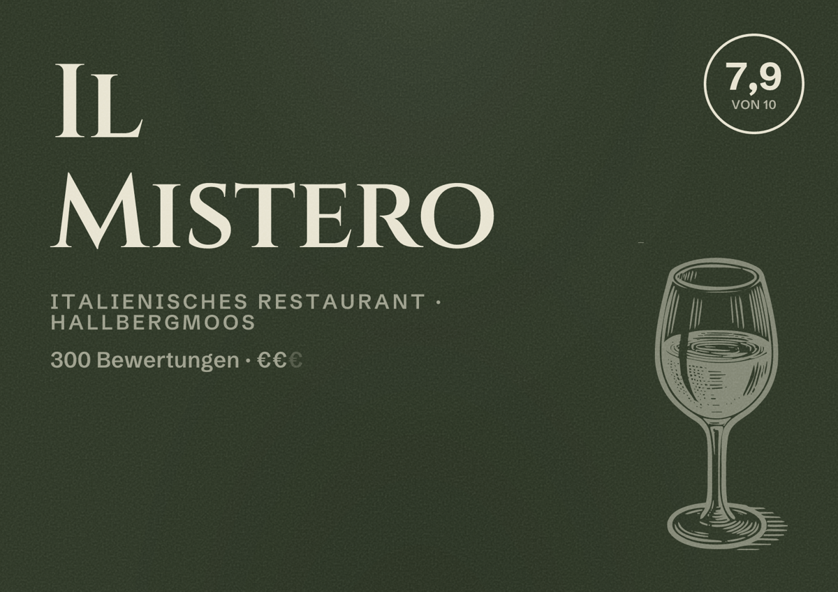 Illustriertes Poster von Il Mistero, Italienisches Restaurant in Hallbergmoos: Bewertung 7,9 von 10 aus 300 Bewertungen, Preisniveau €€
