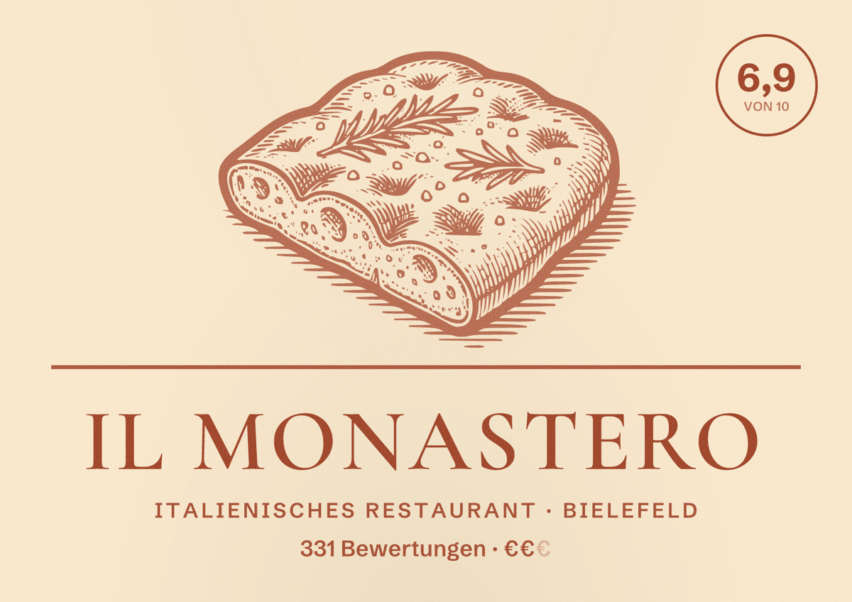 Illustriertes Poster von Il Monastero, Italienisches Restaurant in Bielefeld: Bewertung 6,9 von 10 aus 331 Bewertungen, Preisniveau €€