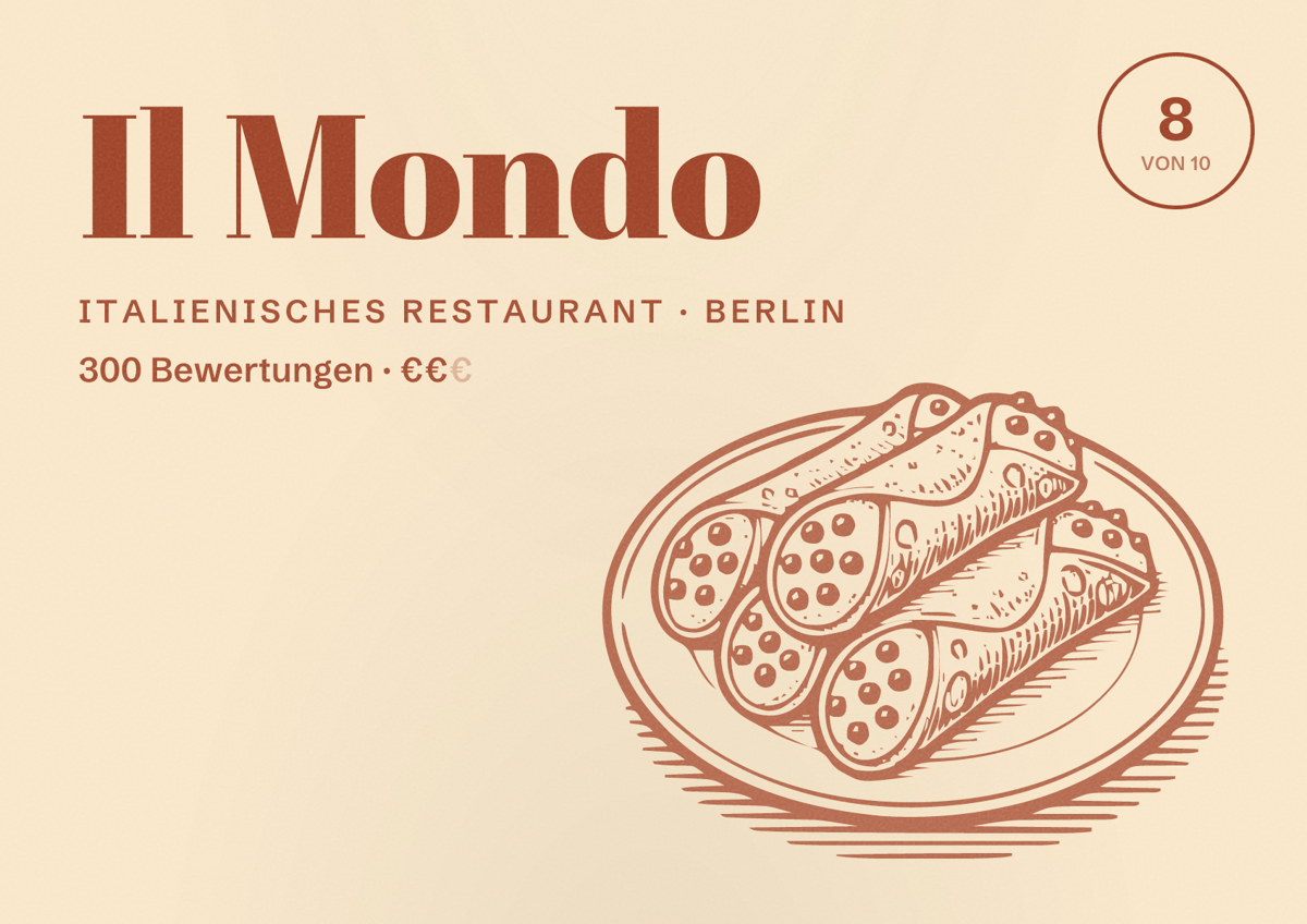 Illustriertes Poster von Il Mondo, Italienisches Restaurant in Berlin: Bewertung 8,0 von 10 aus 300 Bewertungen, Preisniveau €€