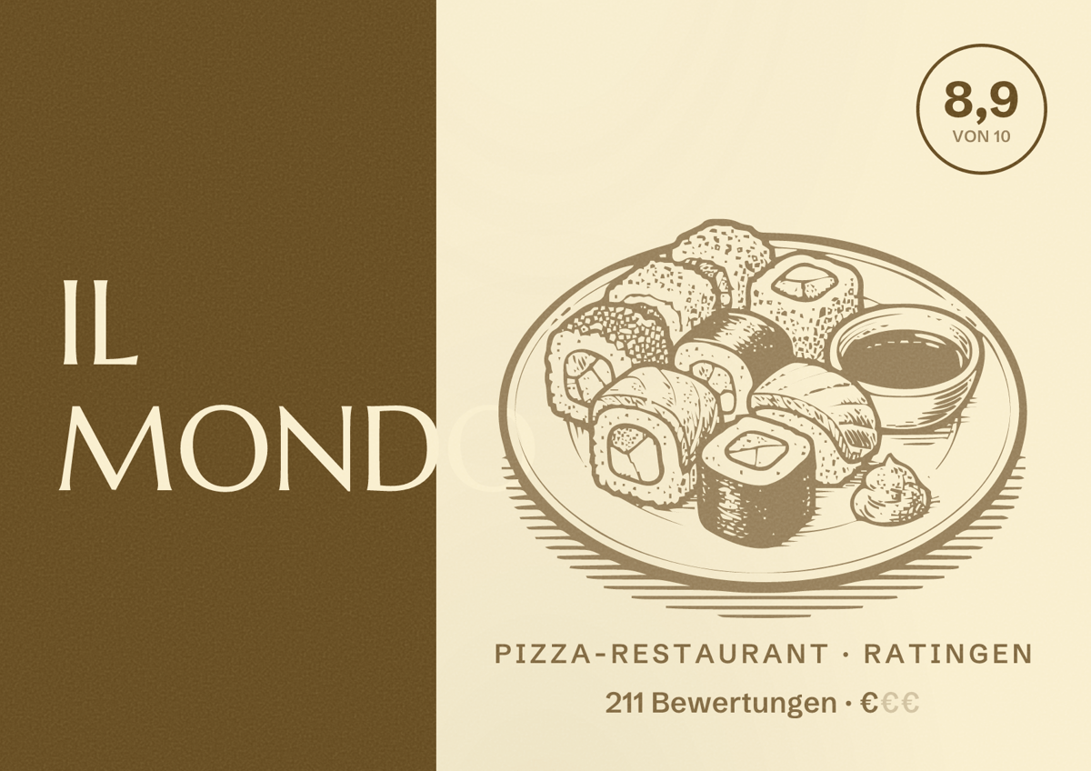 Illustriertes Poster von IL MONDO, Pizza-Restaurant in Ratingen: Bewertung 8,9 von 10 aus 211 Bewertungen, Preisniveau €