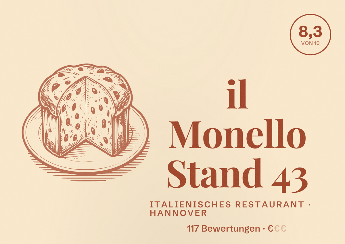 Illustriertes Poster von il Monello Stand 43, Italienisches Restaurant in Hannover: Bewertung 8,3 von 10 aus 117 Bewertungen, Preisniveau €
