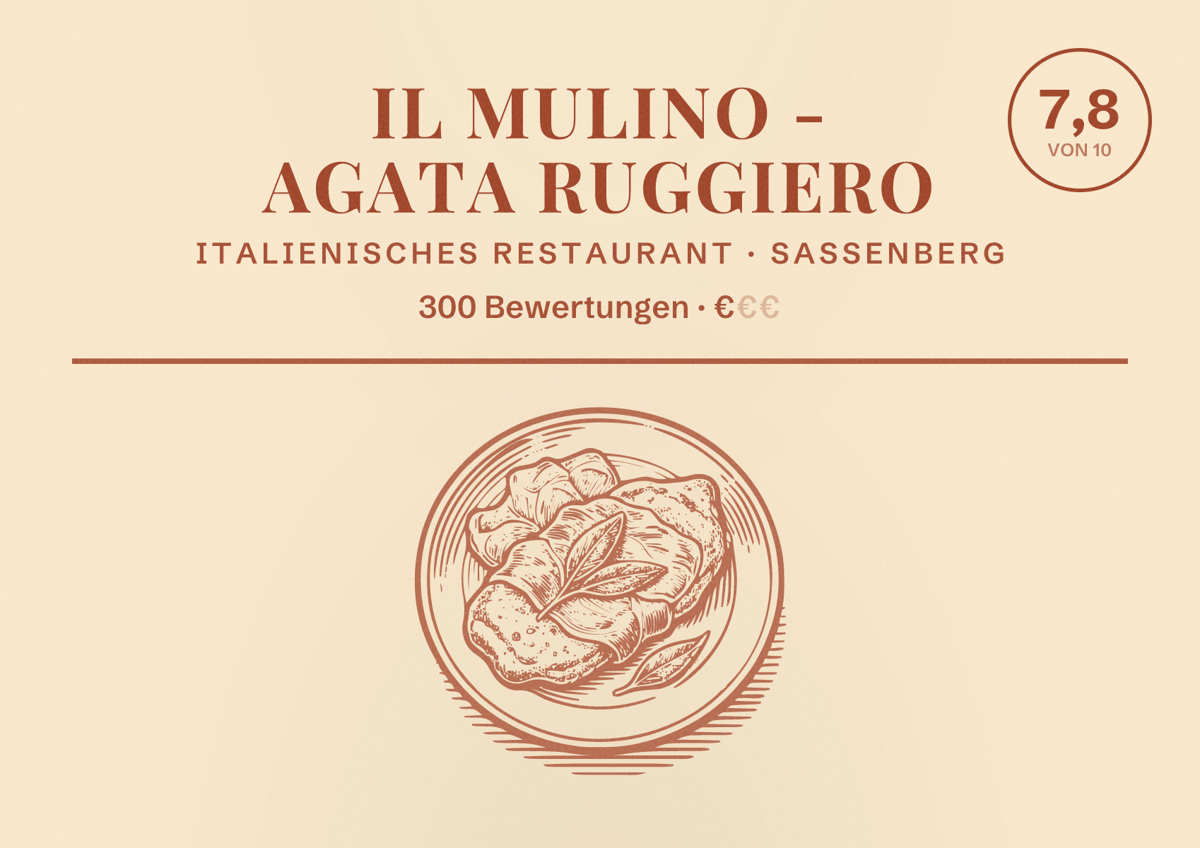 Illustriertes Poster von Il Mulino - Agata Ruggiero, Italienisches Restaurant in Sassenberg: Bewertung 7,8 von 10 aus 300 Bewertungen, Preisniveau €