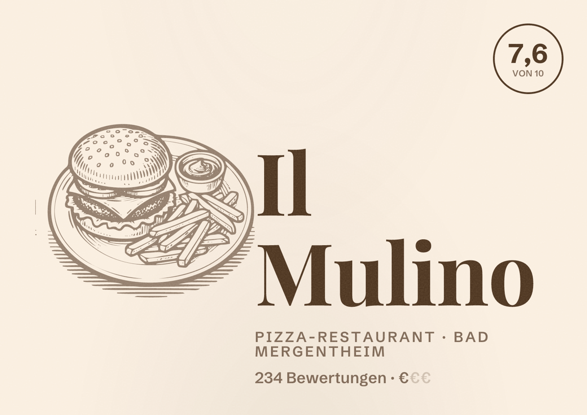 Illustriertes Poster von Il Mulino, Pizza-Restaurant in Bad Mergentheim: Bewertung 7,6 von 10 aus 234 Bewertungen, Preisniveau €