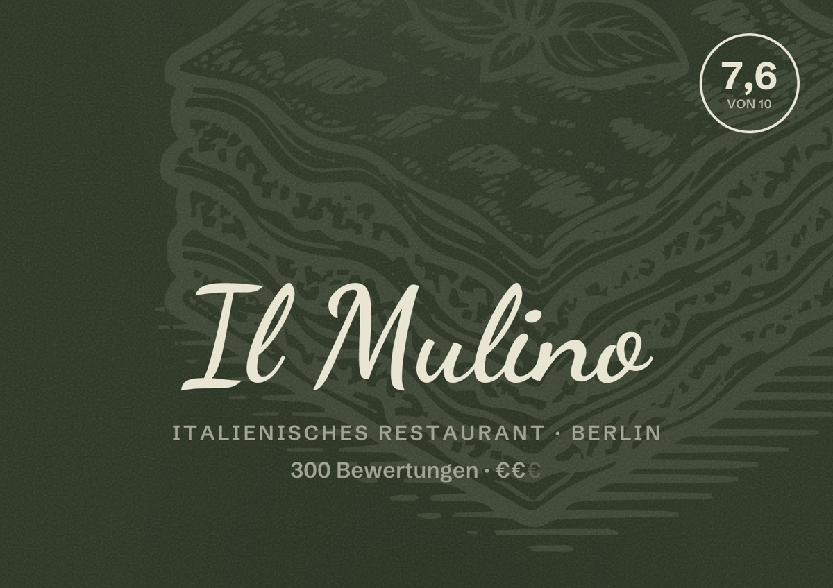 Illustriertes Poster von Il Mulino, Italienisches Restaurant in Berlin: Bewertung 7,6 von 10 aus 300 Bewertungen, Preisniveau €€