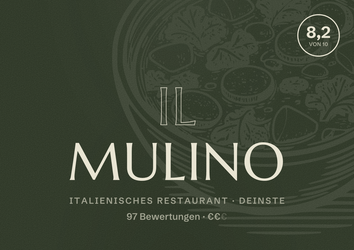 Illustriertes Poster von Il Mulino, Italienisches Restaurant in Deinste: Bewertung 8,2 von 10 aus 97 Bewertungen, Preisniveau €€