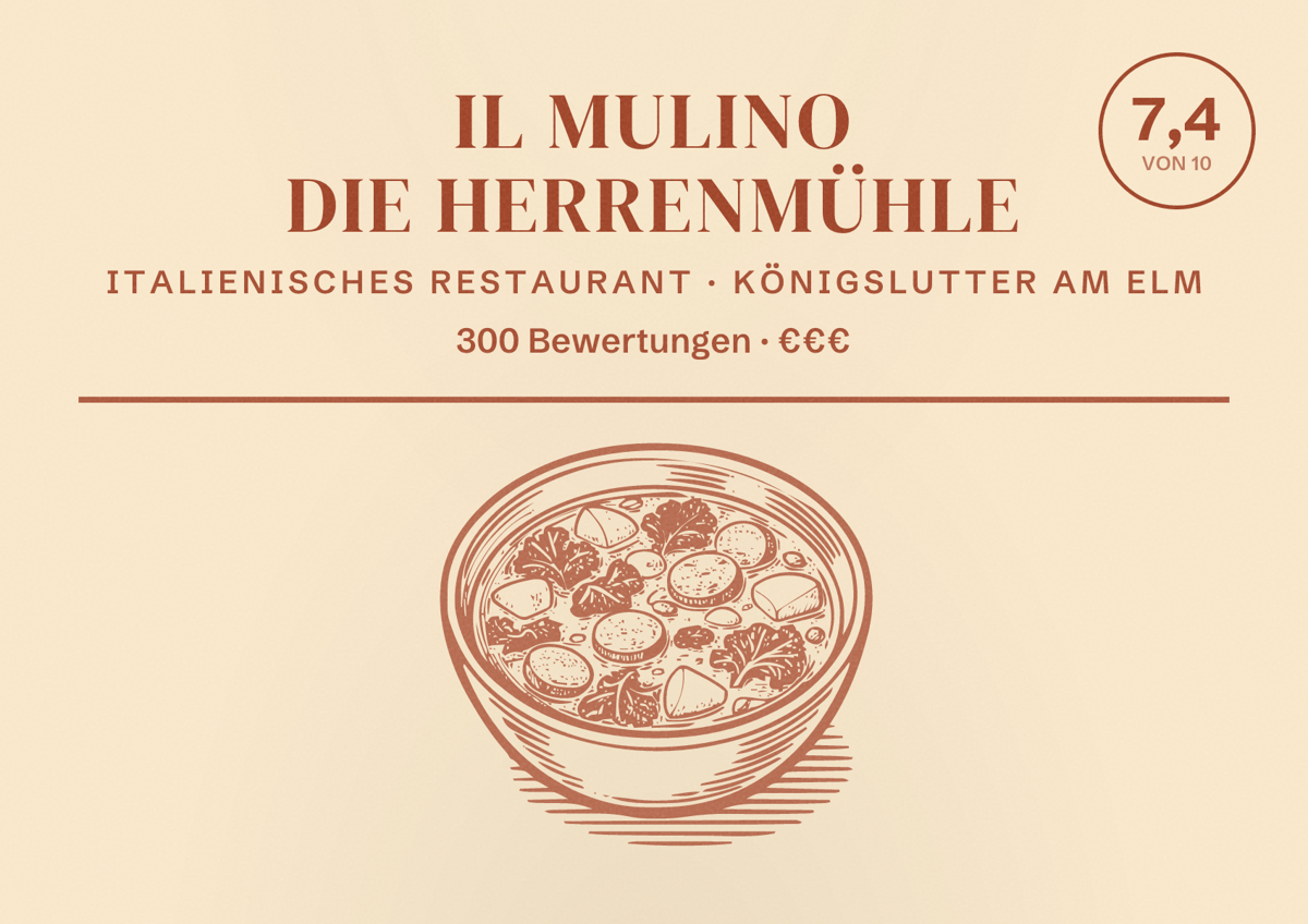Illustriertes Poster von Il Mulino Die Herrenmühle, Italienisches Restaurant in Königslutter am Elm: Bewertung 7,4 von 10 aus 300 Bewertungen, Preisniveau €€€