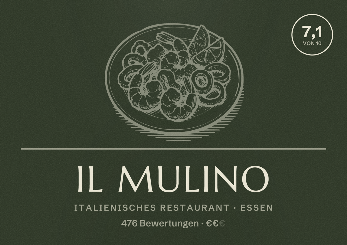 Illustriertes Poster von Il Mulino, Italienisches Restaurant in Essen: Bewertung 7,1 von 10 aus 476 Bewertungen, Preisniveau €€