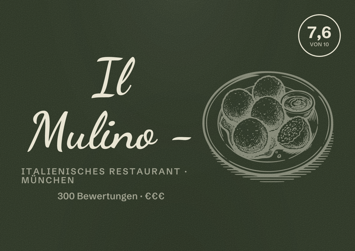 Illustriertes Poster von Il Mulino -, Italienisches Restaurant in München: Bewertung 7,6 von 10 aus 300 Bewertungen, Preisniveau €€€