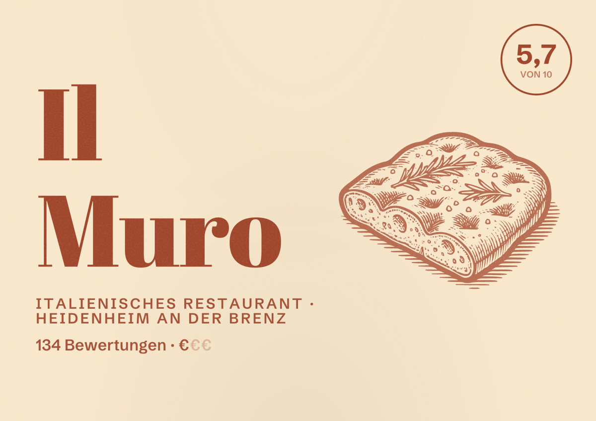 Illustriertes Poster von Il Muro, Italienisches Restaurant in Heidenheim an der Brenz: Bewertung 5,7 von 10 aus 134 Bewertungen, Preisniveau €