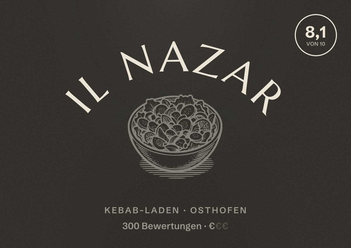Illustriertes Poster von IL NAZAR, Kebab-Laden in Osthofen: Bewertung 8,1 von 10 aus 300 Bewertungen, Preisniveau €