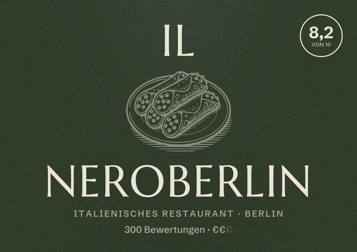Illustriertes Poster von Il NeroBerlin, Italienisches Restaurant in Berlin: Bewertung 8,2 von 10 aus 300 Bewertungen, Preisniveau €€