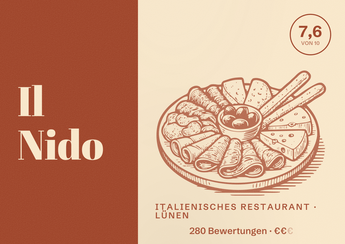 Illustriertes Poster von Il Nido, Italienisches Restaurant in Lünen: Gästebewertung 7,6 von 10 aus 280 Bewertungen