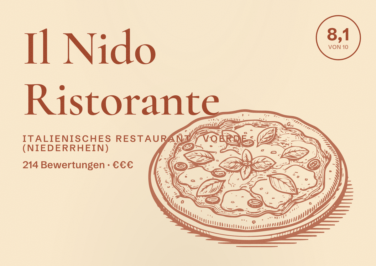 Illustriertes Poster von Il Nido Ristorante, Italienisches Restaurant in Voerde (Niederrhein): Bewertung 8,1 von 10 aus 214 Bewertungen, Preisniveau €€€