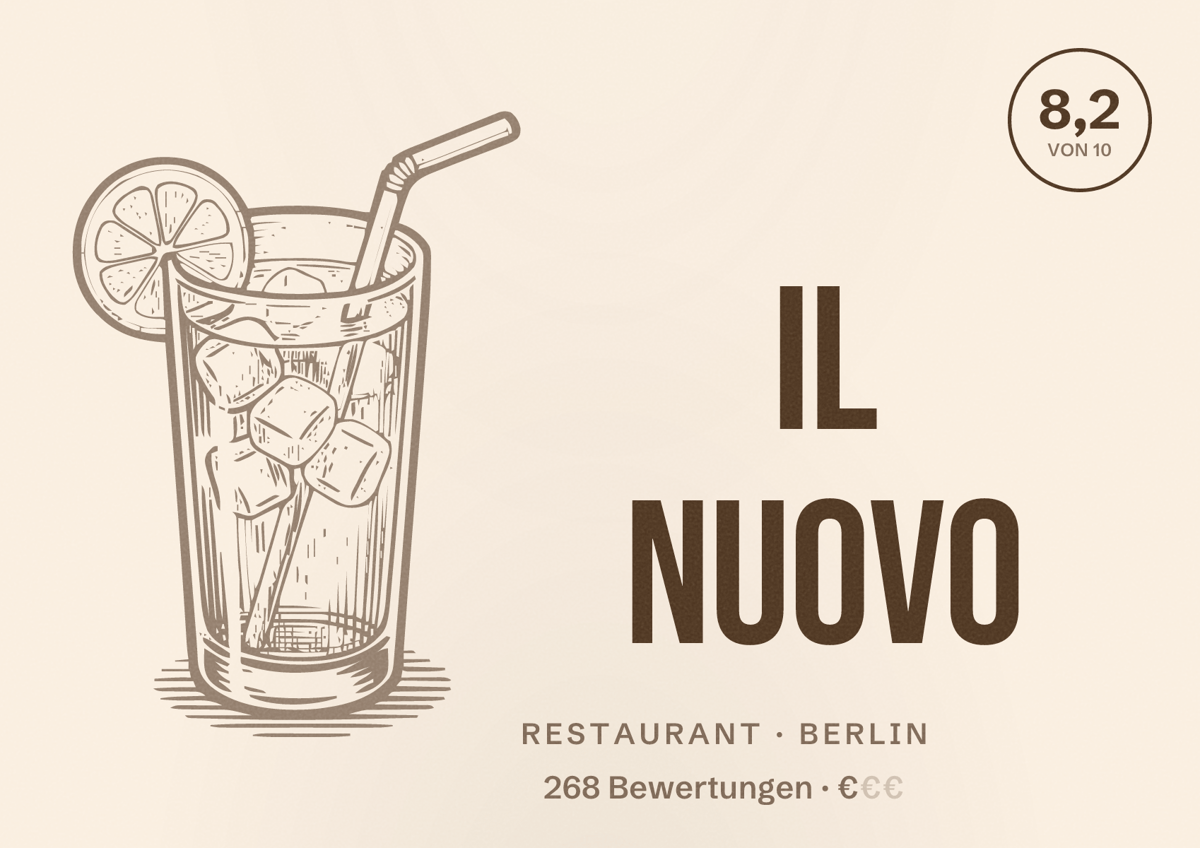 Illustriertes Poster von Il Nuovo, Restaurant in Berlin: Bewertung 8,2 von 10 aus 268 Bewertungen, Preisniveau €