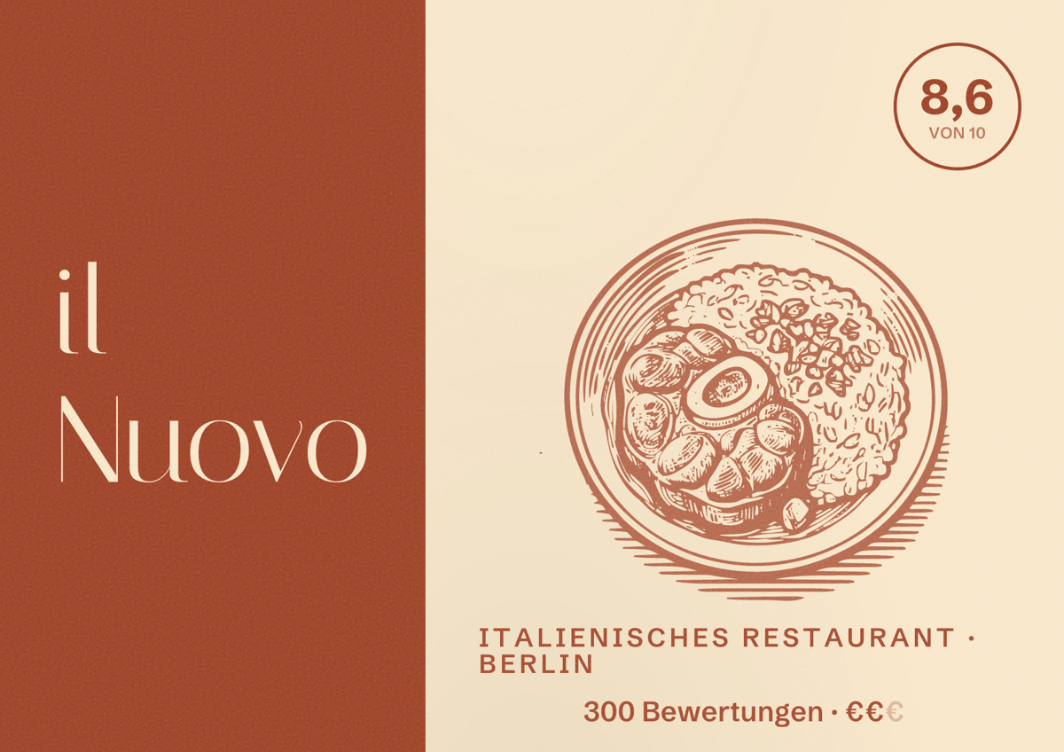 Illustriertes Poster von il Nuovo, Italienisches Restaurant in Berlin: Bewertung 8,6 von 10 aus 300 Bewertungen, Preisniveau €€