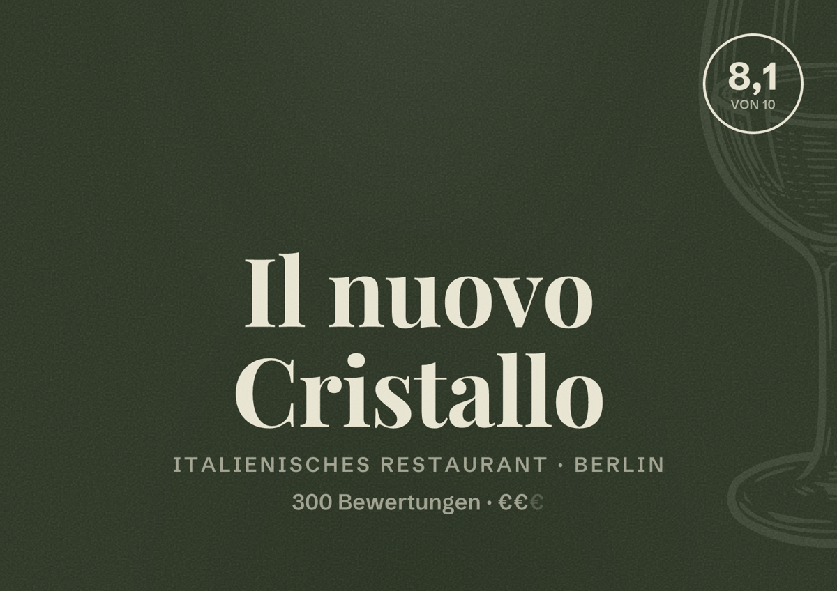 Illustriertes Poster von Il nuovo Cristallo, Italienisches Restaurant in Berlin: Bewertung 8,1 von 10 aus 300 Bewertungen, Preisniveau €€