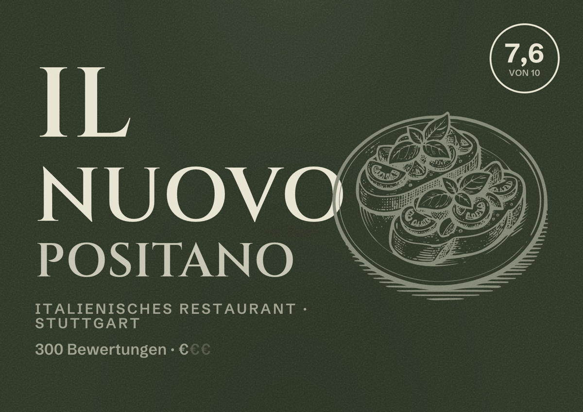 Illustriertes Poster von IL NUOVO POSITANO, Italienisches Restaurant in Stuttgart: Bewertung 7,6 von 10 aus 300 Bewertungen, Preisniveau €
