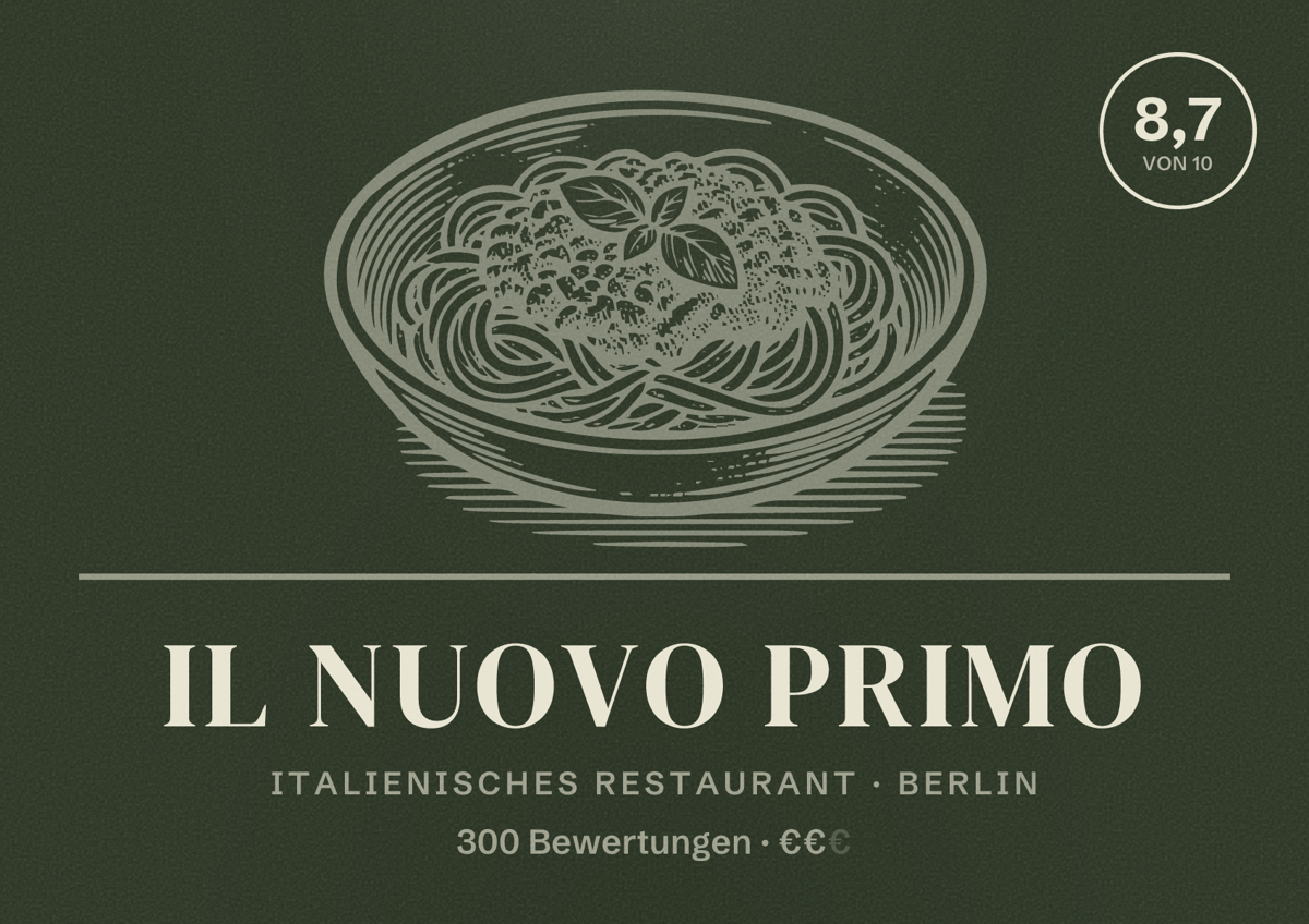 Illustriertes Poster von Il Nuovo Primo, Italienisches Restaurant in Berlin: Bewertung 8,7 von 10 aus 300 Bewertungen, Preisniveau €€