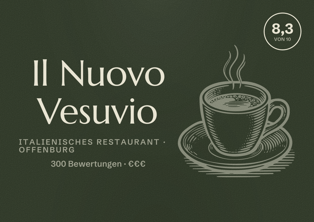 Illustriertes Poster von Il Nuovo Vesuvio, Italienisches Restaurant in Offenburg: Bewertung 8,3 von 10 aus 300 Bewertungen, Preisniveau €€€