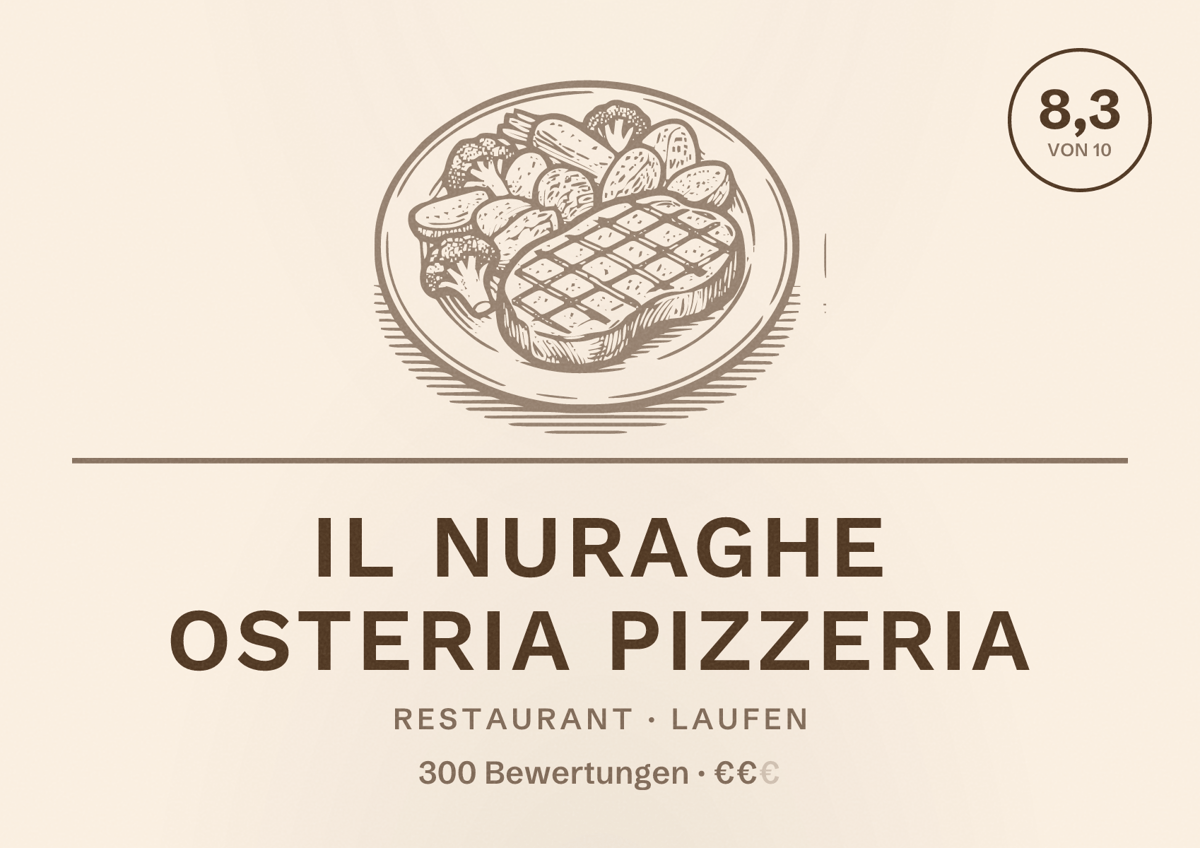 Illustriertes Poster von Il Nuraghe osteria Pizzeria, Restaurant in Laufen: Bewertung 8,3 von 10 aus 300 Bewertungen, Preisniveau €€