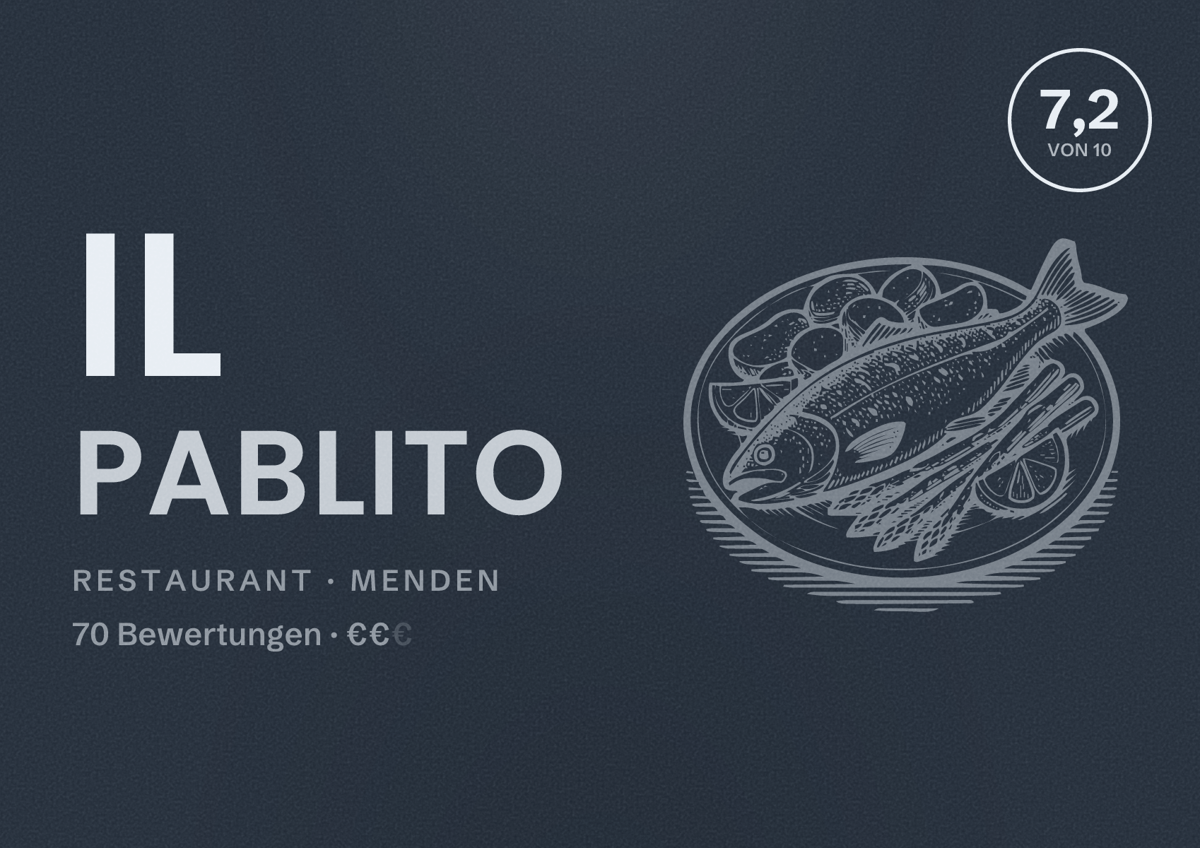 Illustriertes Poster von Il Pablito, Restaurant in Menden: Bewertung 7,2 von 10 aus 70 Bewertungen, Preisniveau €€