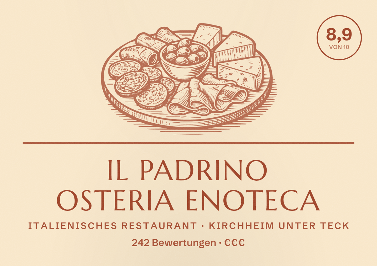 Illustriertes Poster von il Padrino Osteria Enoteca, Italienisches Restaurant in Kirchheim unter Teck: Bewertung 8,9 von 10 aus 242 Bewertungen, Preisniveau €€€