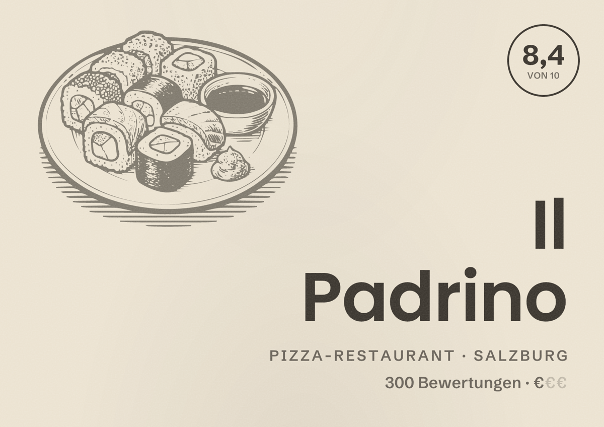 Illustriertes Poster von Il Padrino, Pizza-Restaurant in Salzburg: Bewertung 8,4 von 10 aus 300 Bewertungen, Preisniveau €