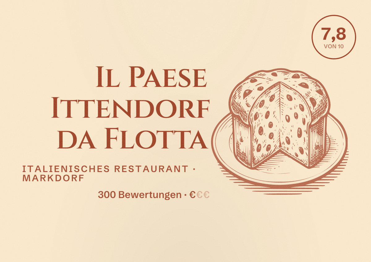 Illustriertes Poster von Il Paese Ittendorf da Flotta, Italienisches Restaurant in Markdorf: Bewertung 7,8 von 10 aus 300 Bewertungen, Preisniveau €