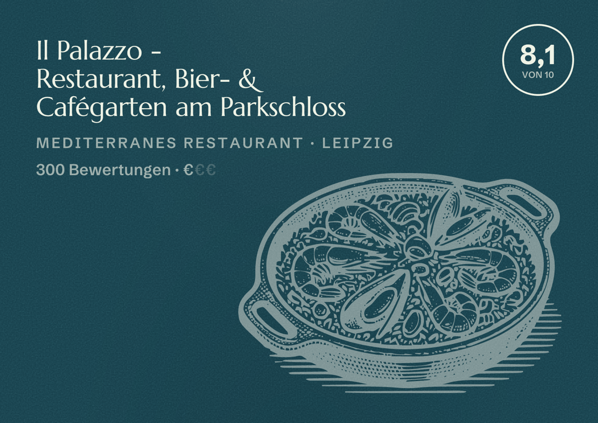 Illustriertes Poster von Il Palazzo - Restaurant, Bier- & Cafégarten am Parkschloss, Mediterranes Restaurant in Leipzig: Bewertung 8,1 von 10 aus 300 Bewertungen, Preisniveau €