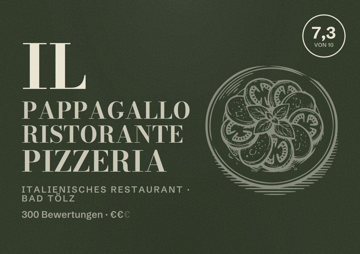 Illustriertes Poster von Il Pappagallo Ristorante Pizzeria, Italienisches Restaurant in Bad Tölz: Bewertung 7,3 von 10 aus 300 Bewertungen, Preisniveau €€