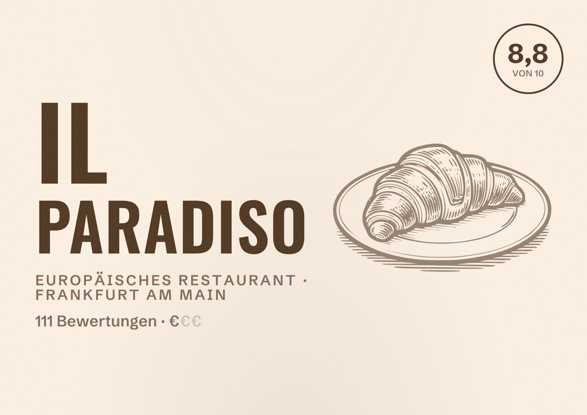 Illustriertes Poster von Il Paradiso, Europäisches Restaurant in Frankfurt am Main: Bewertung 8,8 von 10 aus 111 Bewertungen, Preisniveau €