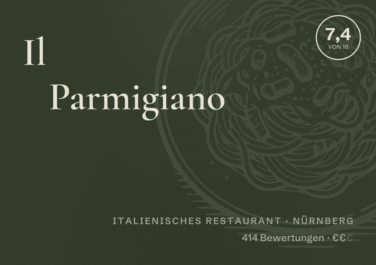Illustriertes Poster von Il Parmigiano, Italienisches Restaurant in Nürnberg: Bewertung 7,4 von 10 aus 414 Bewertungen, Preisniveau €€