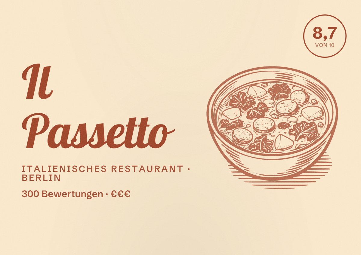 Illustriertes Poster von Il Passetto, Italienisches Restaurant in Berlin: Bewertung 8,7 von 10 aus 300 Bewertungen, Preisniveau €€€