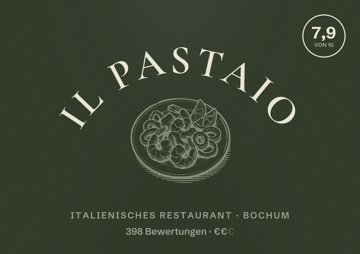Illustriertes Poster von Il Pastaio, Italienisches Restaurant in Bochum: Bewertung 7,9 von 10 aus 398 Bewertungen, Preisniveau €€