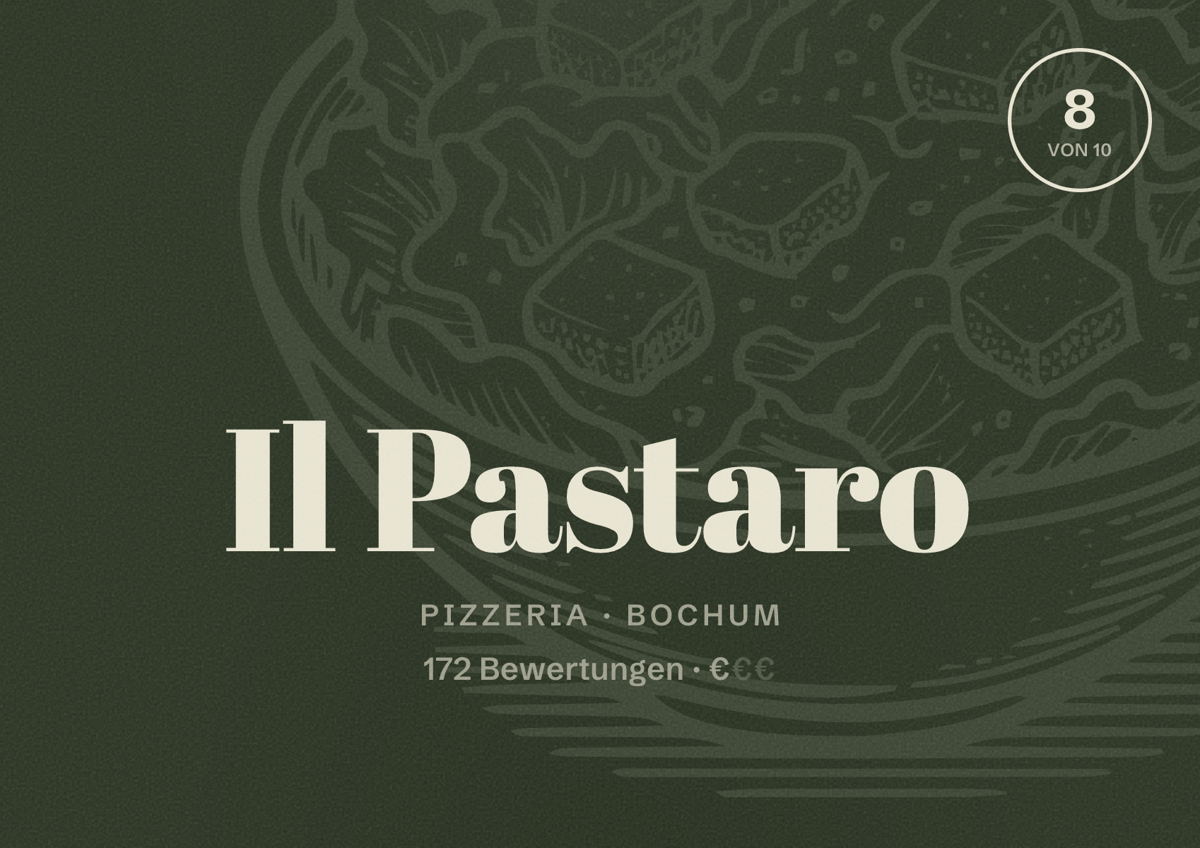 Illustriertes Poster von Il Pastaro, Pizzeria in Bochum: Bewertung 8 von 10 aus 172 Bewertungen, Preisniveau €