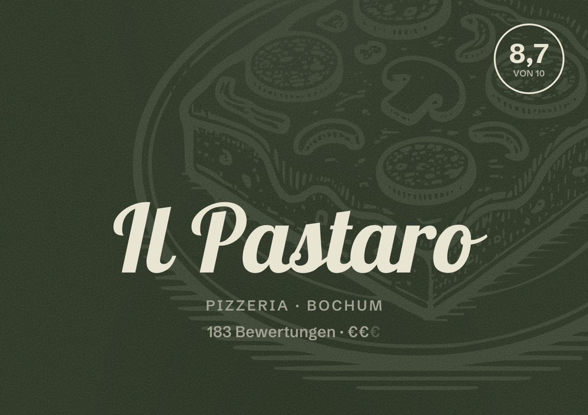 Illustriertes Poster von Il Pastaro, Pizzeria in Bochum: Bewertung 8,7 von 10 aus 183 Bewertungen, Preisniveau €€