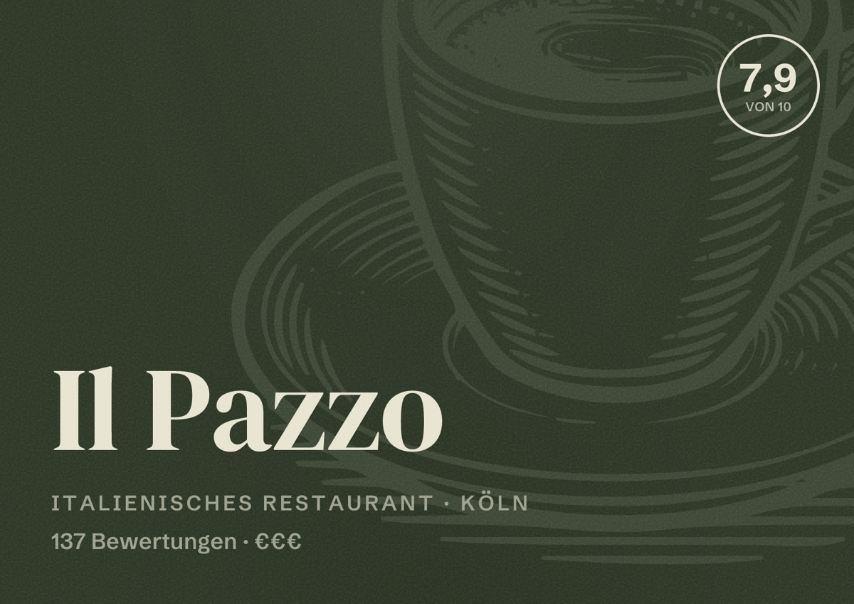 Illustriertes Poster von Il Pazzo, Italienisches Restaurant in Köln: Bewertung 7,9 von 10 aus 137 Bewertungen, Preisniveau €€€