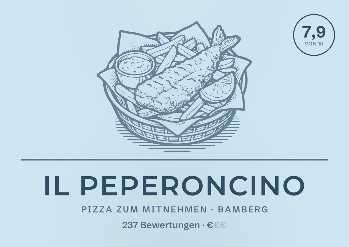 Illustriertes Poster von Il Peperoncino, Pizza zum Mitnehmen in Bamberg: Bewertung 7,9 von 10 aus 237 Bewertungen, Preisniveau €