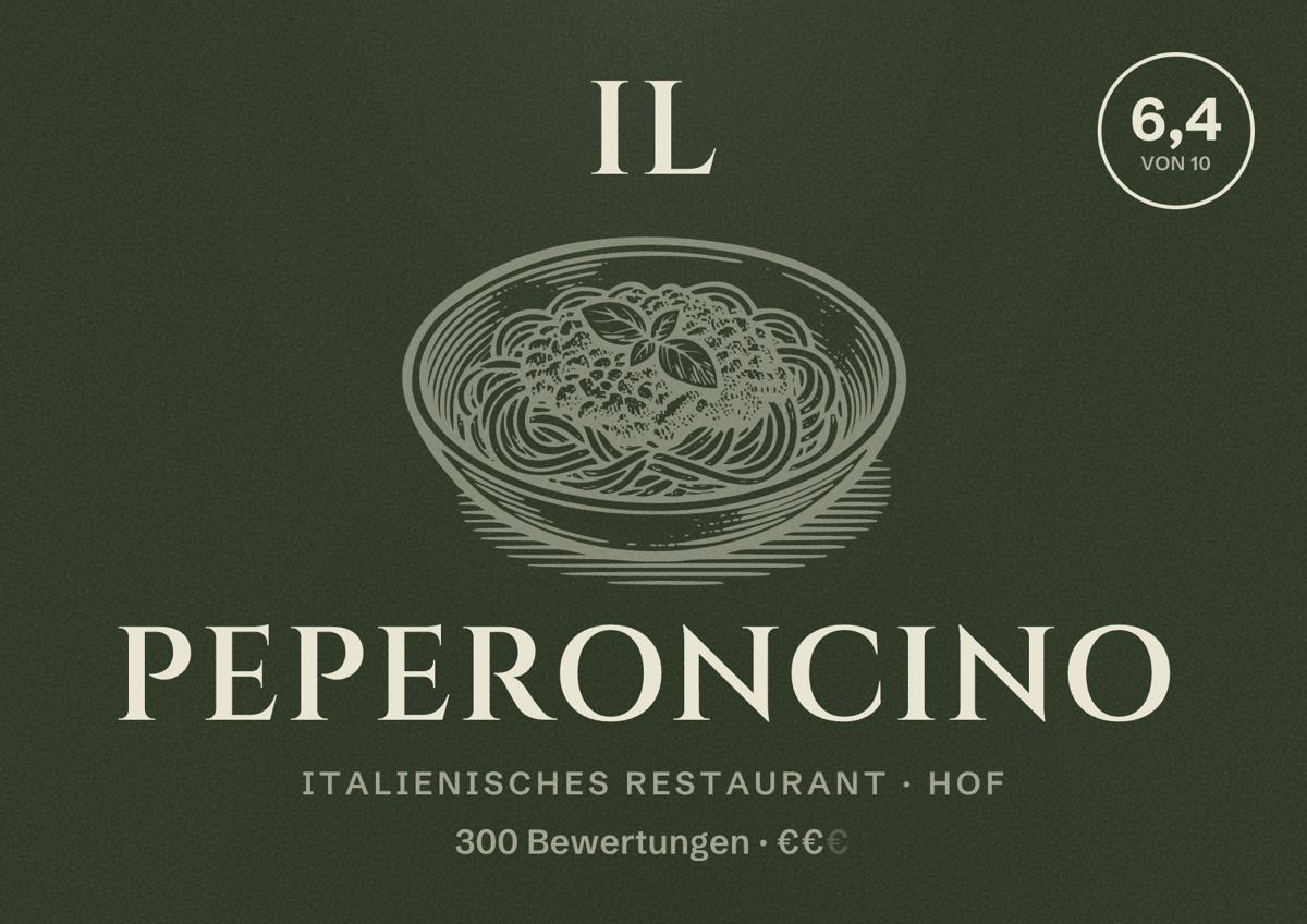 Illustriertes Poster von Il Peperoncino, Italienisches Restaurant in Hof: Bewertung 6,4 von 10 aus 300 Bewertungen, Preisniveau €€