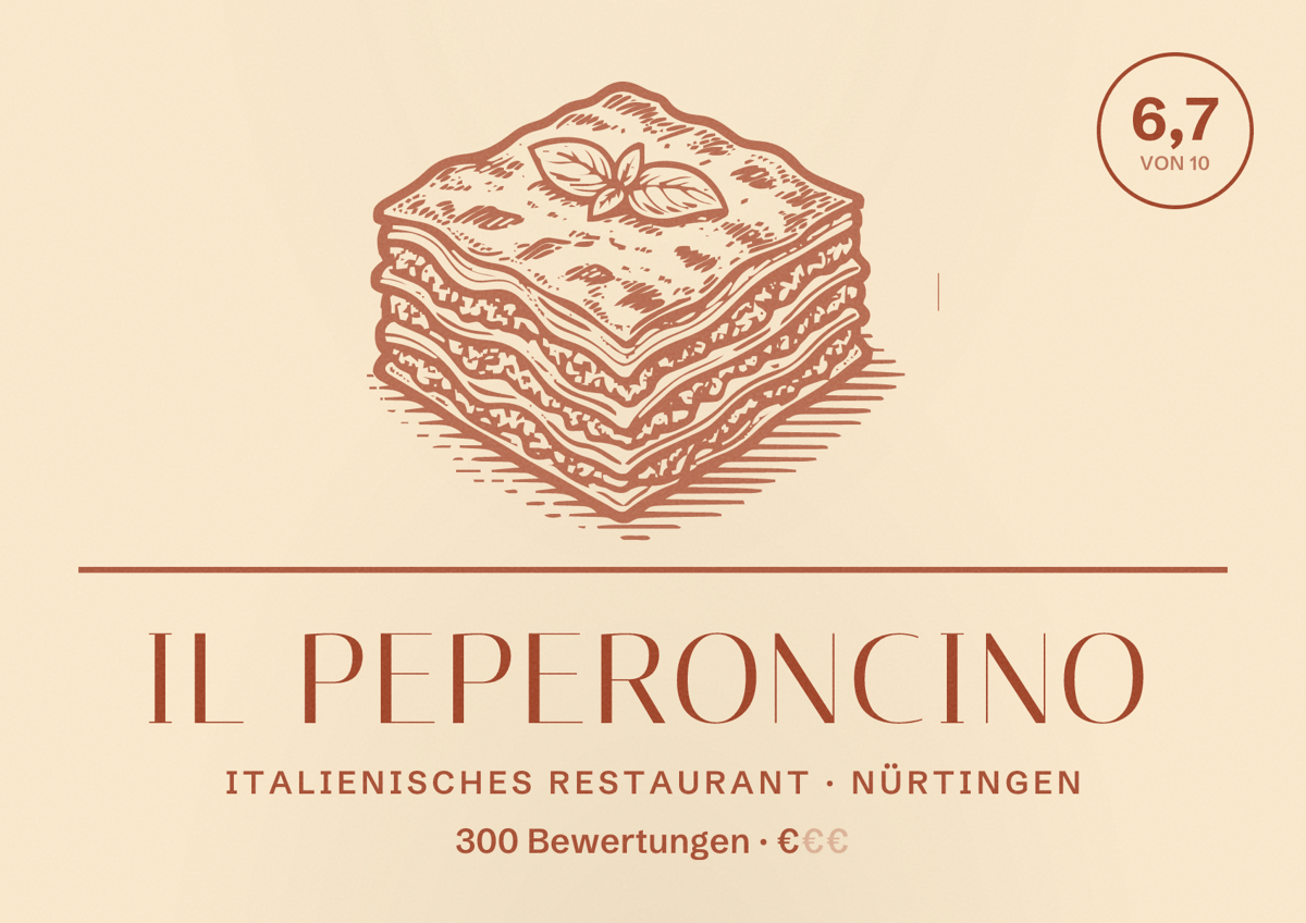 Illustriertes Poster von Il Peperoncino, Italienisches Restaurant in Nürtingen: Bewertung 6,7 von 10 aus 300 Bewertungen, Preisniveau €