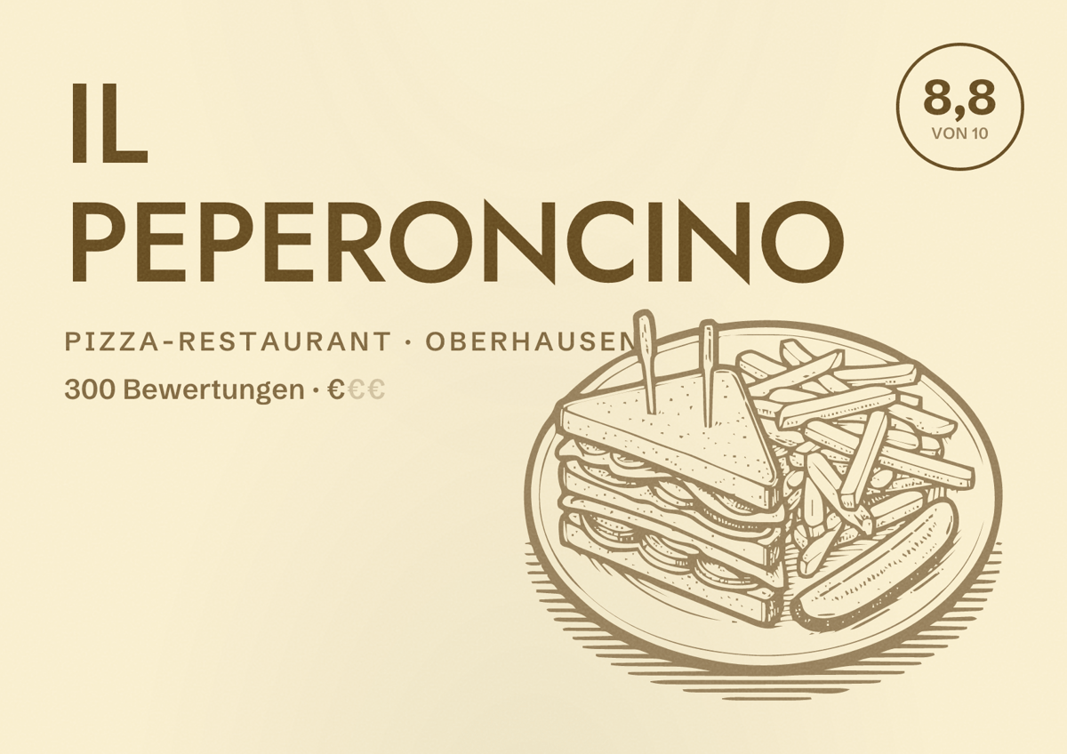 Illustriertes Poster von IL PEPERONCINO, Pizza-Restaurant in Oberhausen: Bewertung 8,8 von 10 aus 300 Bewertungen, Preisniveau €