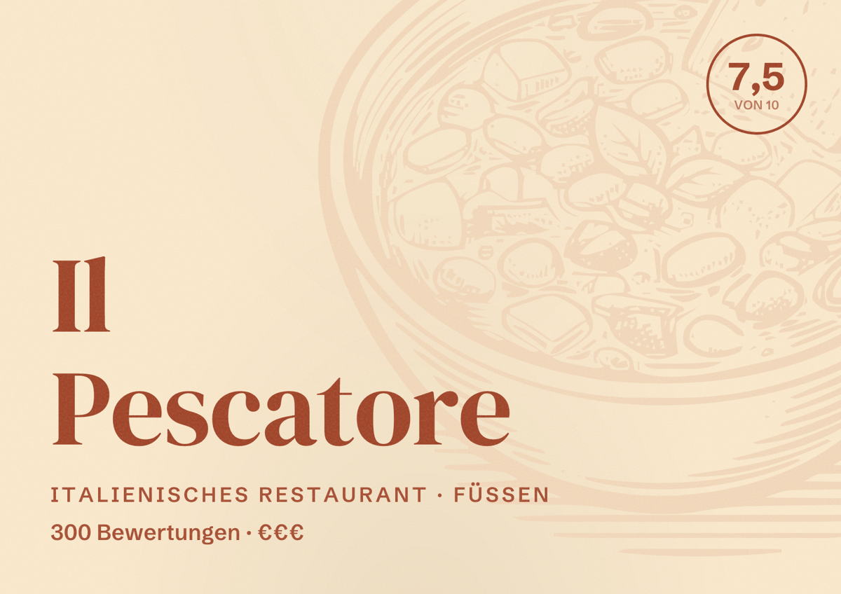 Illustriertes Poster von Il Pescatore, Italienisches Restaurant in Füssen: Bewertung 7,5 von 10 aus 300 Bewertungen, Preisniveau €€€