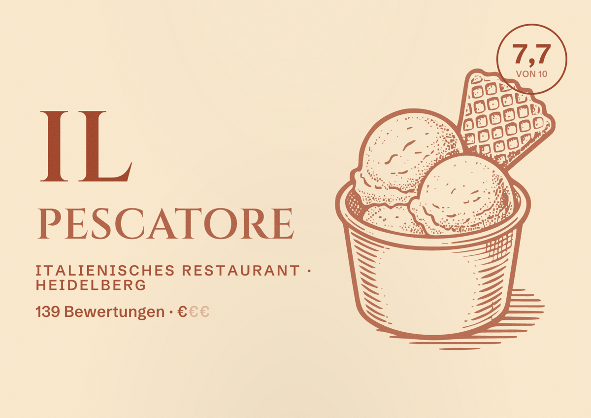 Illustriertes Poster von Il Pescatore, Italienisches Restaurant in Heidelberg: Bewertung 7,7 von 10 aus 139 Bewertungen, Preisniveau €
