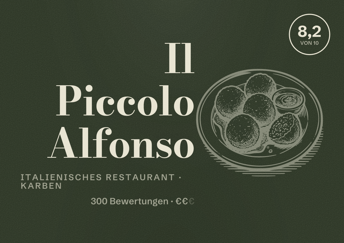 Illustriertes Poster von Il Piccolo Alfonso, Italienisches Restaurant in Karben: Bewertung 8,2 von 10 aus 300 Bewertungen, Preisniveau €€