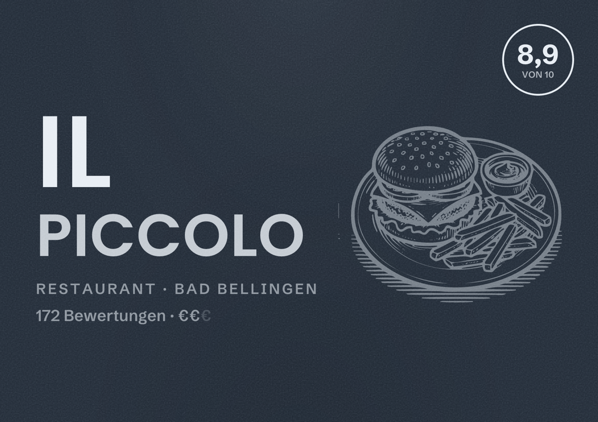 Illustriertes Poster von il Piccolo, Restaurant in Bad Bellingen: Bewertung 8,9 von 10 aus 172 Bewertungen, Preisniveau €€