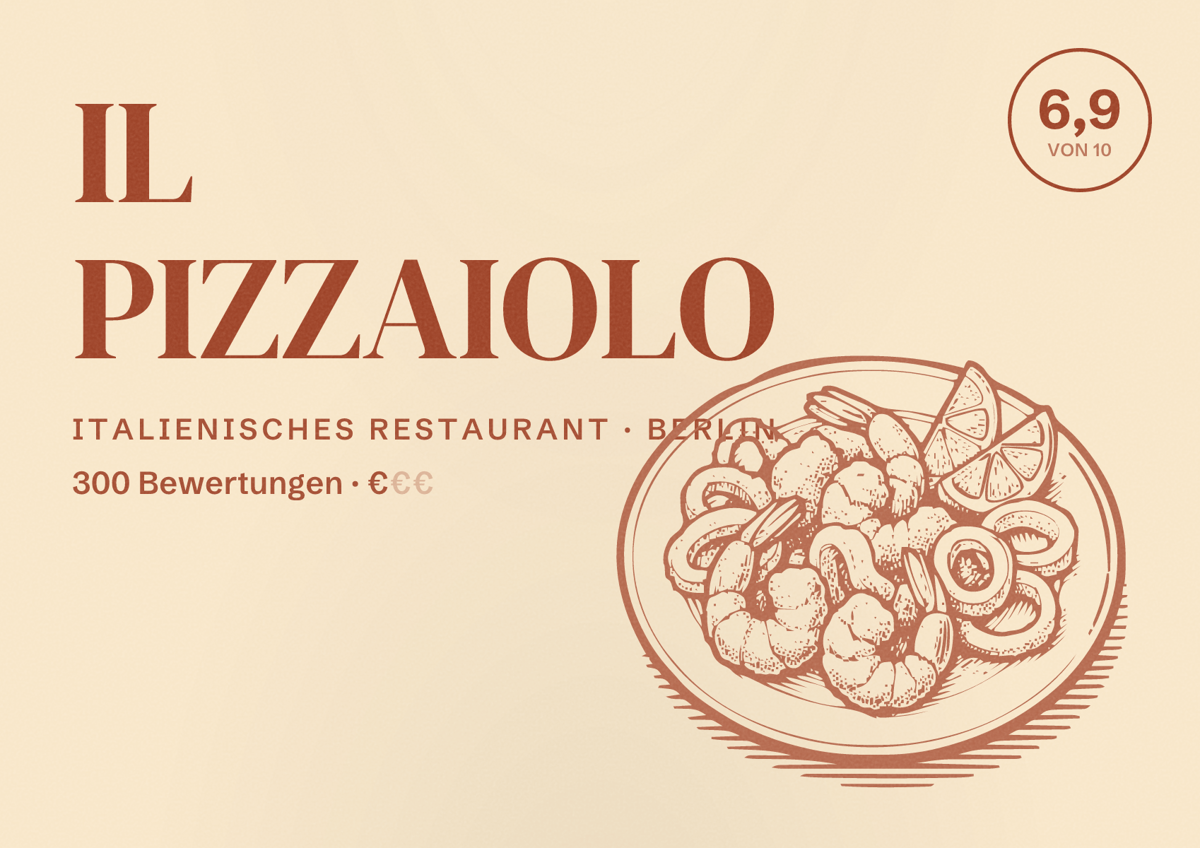 Illustriertes Poster von IL PIZZAIOLO, Italienisches Restaurant in Berlin: Bewertung 6,9 von 10 aus 300 Bewertungen, Preisniveau €