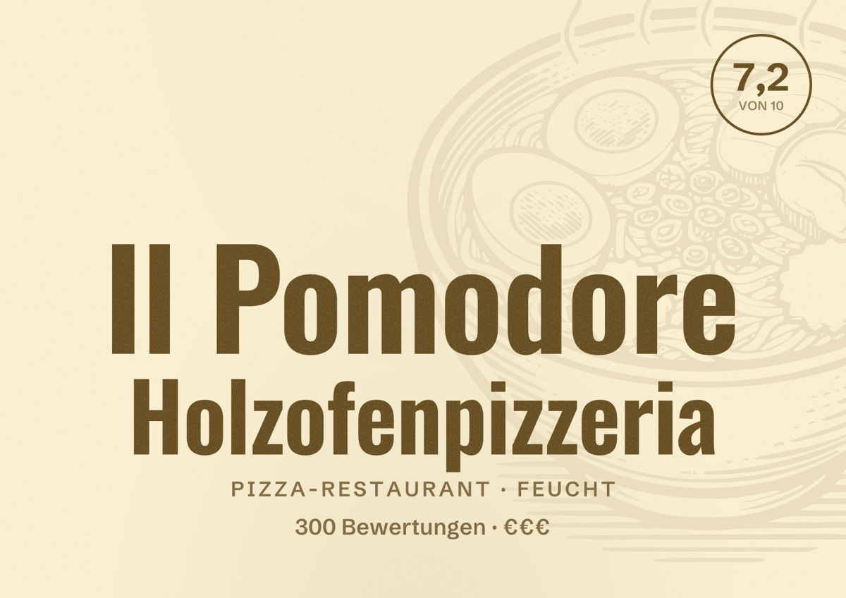 Illustriertes Poster von Il Pomodore Holzofenpizzeria, Pizza-Restaurant in Feucht: Bewertung 7,2 von 10 aus 300 Bewertungen, Preisniveau €€€