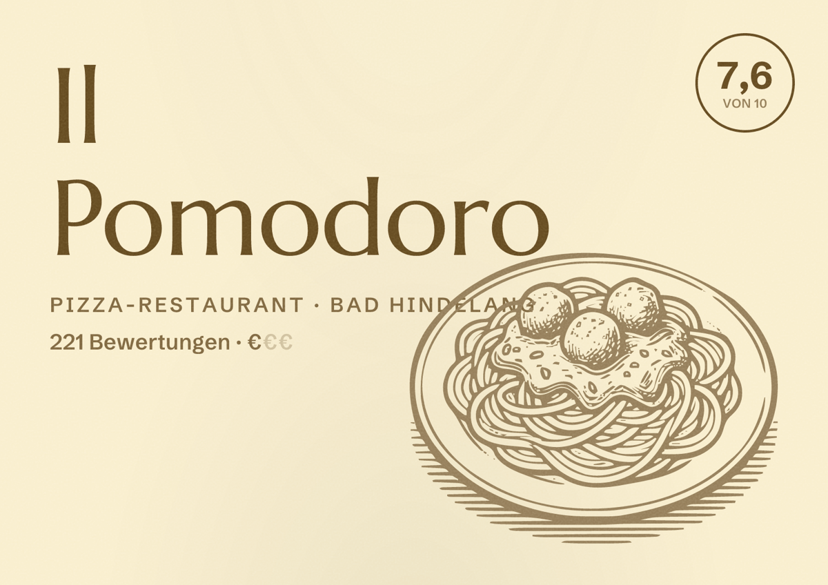 Illustriertes Poster von Il Pomodoro, Pizza-Restaurant in Bad Hindelang: Bewertung 7,6 von 10 aus 221 Bewertungen, Preisniveau €